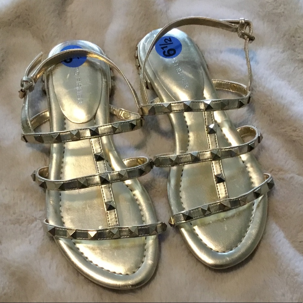 Marc Fisher Gold Studded Caged Flat Sandals - 6.5